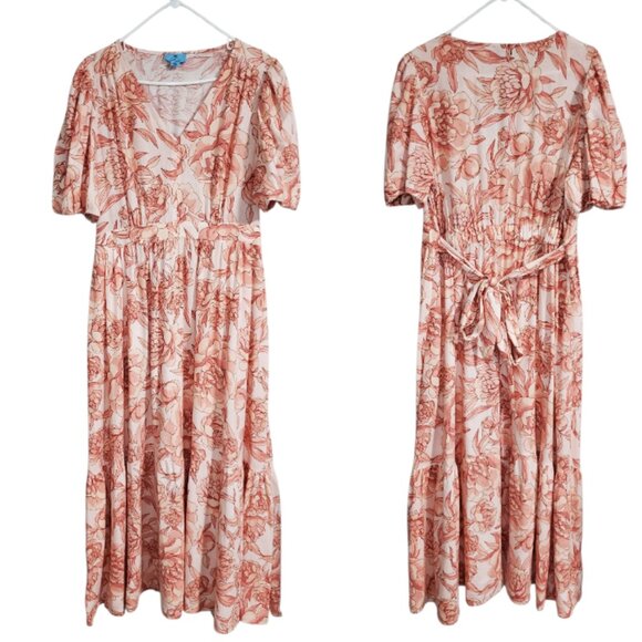 CeCe Linen Floral Peach White Belted Flowy Pink Cream V Neck Maxi Dress - XL - Picture 2 of 9